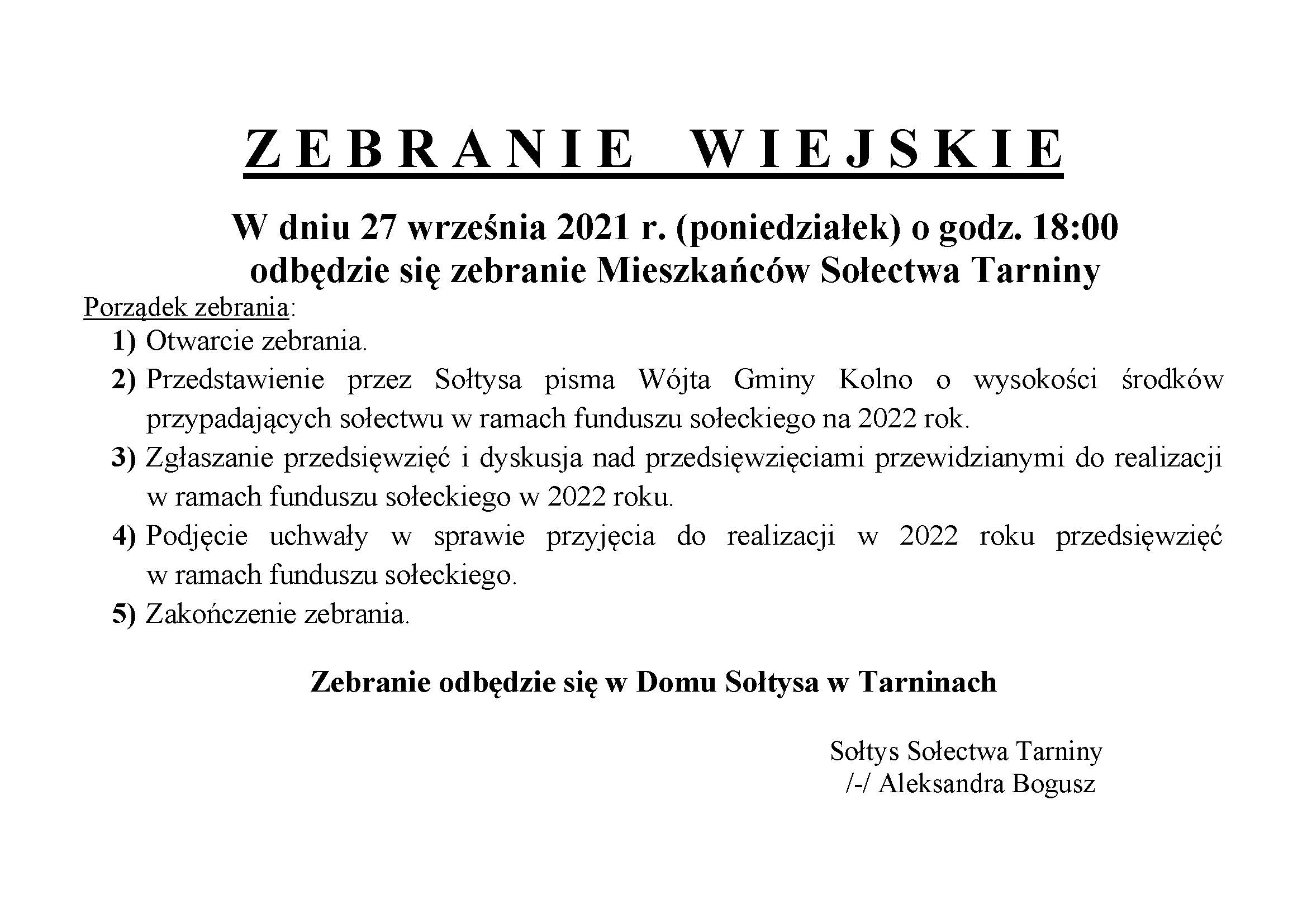 OGOSZENIE Zebranie Wiejskie Tarniny